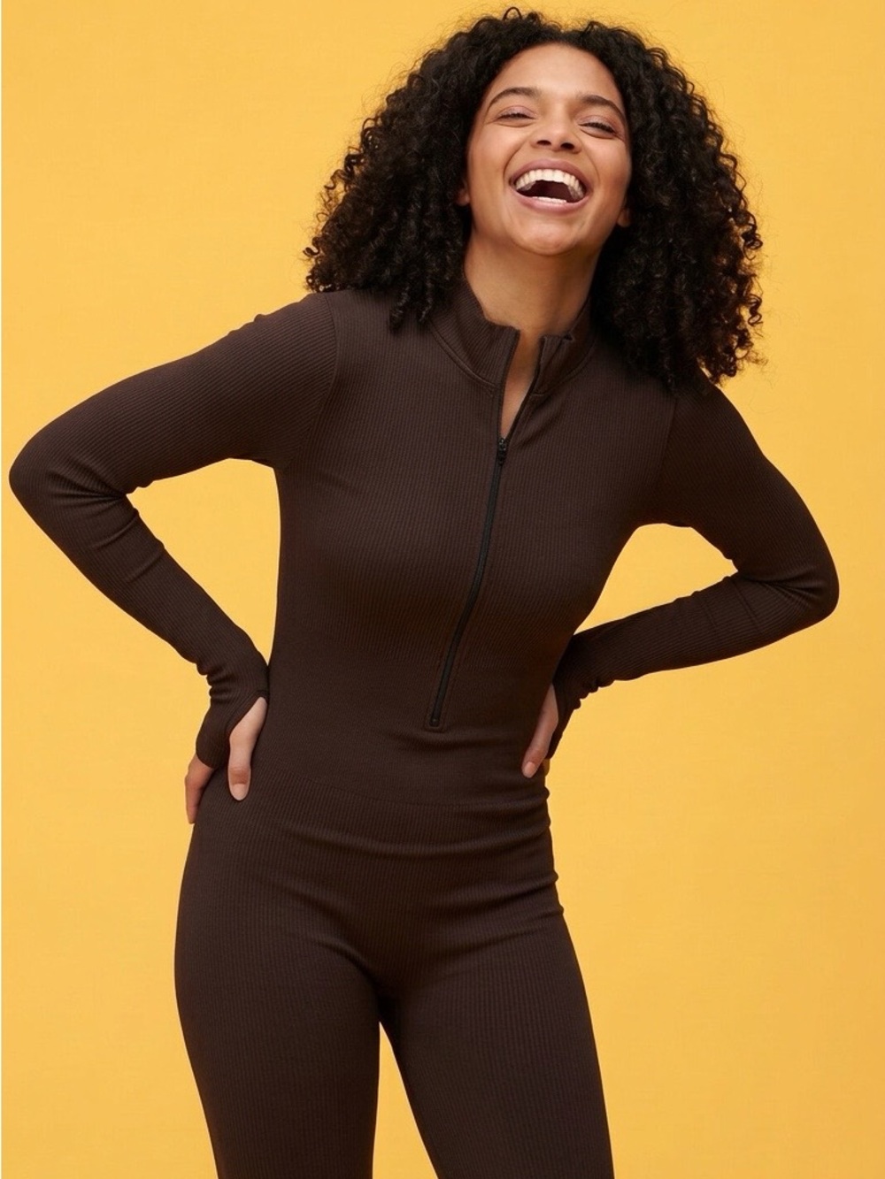 OQQ straight Leg Ribbed Jumpsuit in Brown